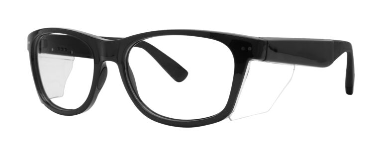 Pentax Classic 56 Glasses, Gloss Black frame with side shields. Angled left