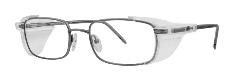 Pentax DP720 glasses, matte gray frame with side shields. Angled left
