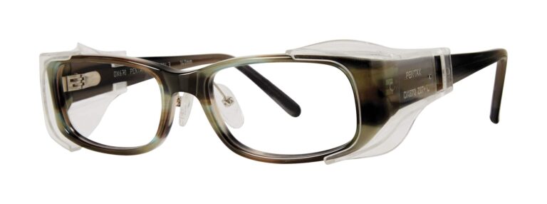 Pentax DX670 Glasses, Olive frame with side shields. Angled left