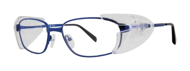 Pentax Rebel Safety Glasses, navy blue frame with side shields; Angled left