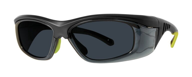 Pentax ZT200 Safety Glasses, black and lime green frame with smoke lens. Angled left