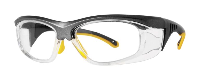 Pentax ZT200 Safety Glasses, gray and yellow frame with clear lens. Angled left