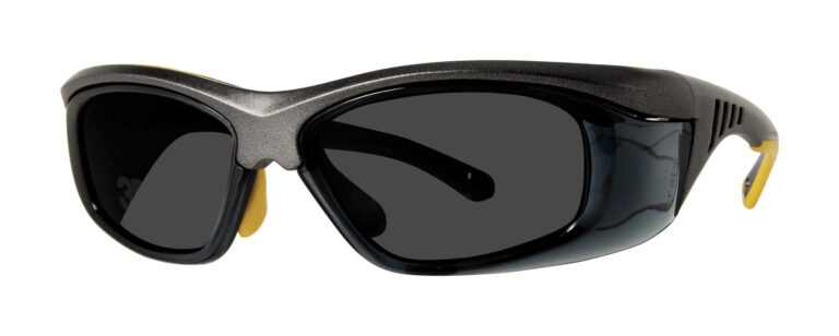 Pentax ZT200 Safety Glasses, gray and yellow frame with smoke lens. Angled left