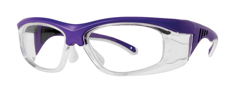 Pentax ZT200 Safety Glasses, purple frame with clear lens. Angled left
