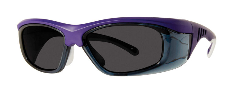 Pentax ZT200 Safety Glasses, purple frame with smoke lens. Angled left