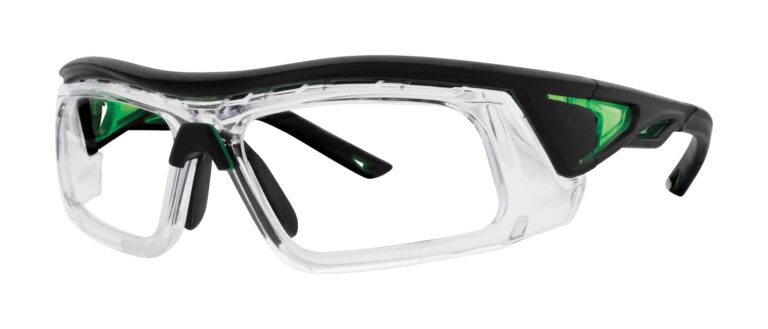 Pentax ZT400 Safety Glasses, black and green frame with clear lens. Angled left