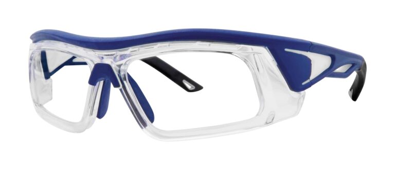 Pentax ZT400 Safety Glasses, navy blue frame with clear lens. Angled left