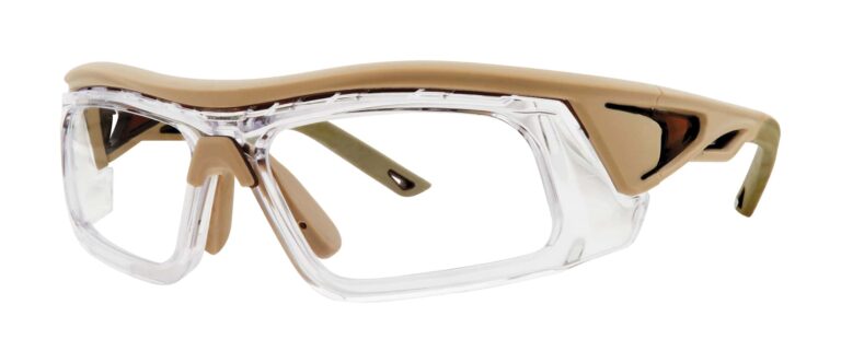 Pentax ZT400 Safety Glasses, tan frame with clear lens. Angled left