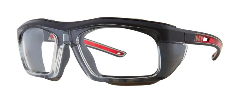 Pentax ZT500G Safety Glasses, Red frame. Angled left
