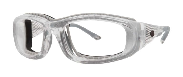 Pentax ZT55 Safety Glasses, crystal and gray frame. Angled left