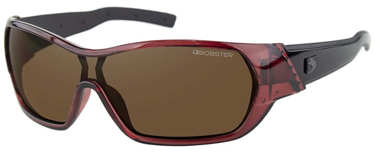 Bobster Aria Sunglasses, in a gloss clear burgundy frame with brown lens. Angled left