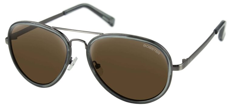 Bobster Goose Sunglasses, Gloss Clear Slate Gunmetal with Brown High Definition Silver Mirror lens. angled left