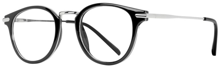 Eight to Eighty College Eyeglasses, Black and Silver frame. Angled left