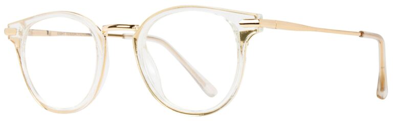 Eight to Eighty College Eyeglasses, Crystal and Gold frame. Angled left