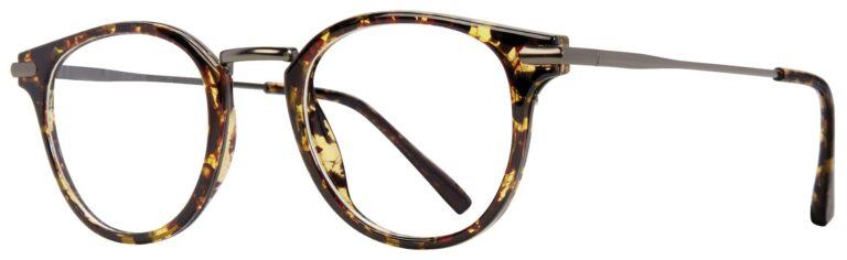 Eight to Eighty College Eyeglasses, Tortoise and Gun frame. Angled left