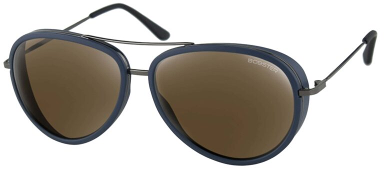 Bobster Ice Sunglasses, Matte Navy Gunmetal frame with Brown High Definition Silver Mirror lens. Angled left