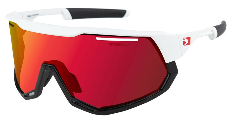 Bobster Freewheel Sunglasses in a Matte White Gloss Black frame with Smoke Black Red Revo lens. Angled left