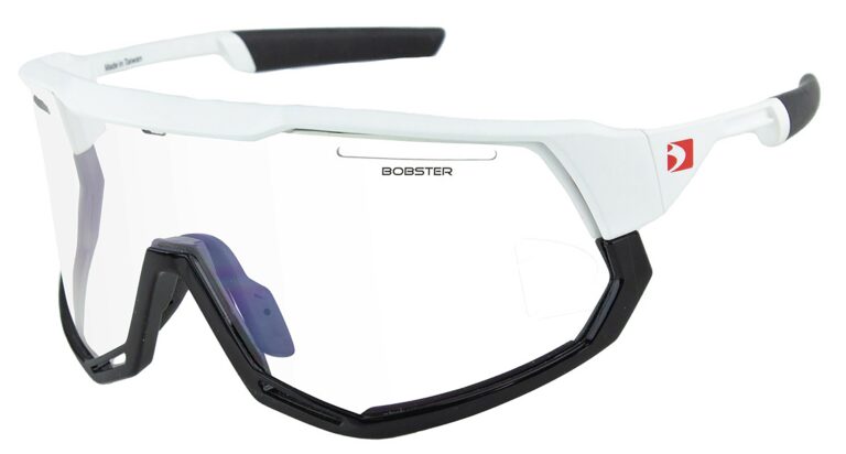 Bobster Freewheel Sunglasses in a Matte White Gloss Black frame with Clear lens. Angled left