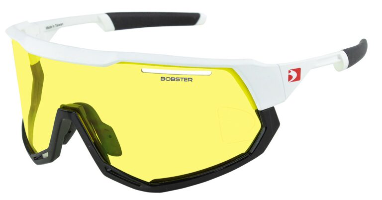 Bobster Freewheel Sunglasses in a Matte White Gloss Black frame with Yellow lens. Angled left