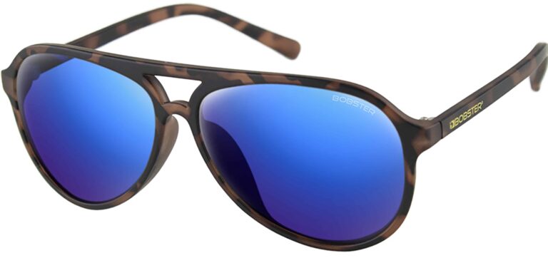 Bobster Maverick Sunglasses, Matte Brown Tortoise frame with Brown High Definition Blue Mirror lens. Angled left