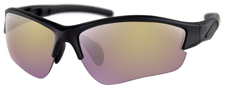 Bobster Rapid Sunglasses, Matte Black frame with Purple High Definition Yellow Revo Mirror lens. Angled left