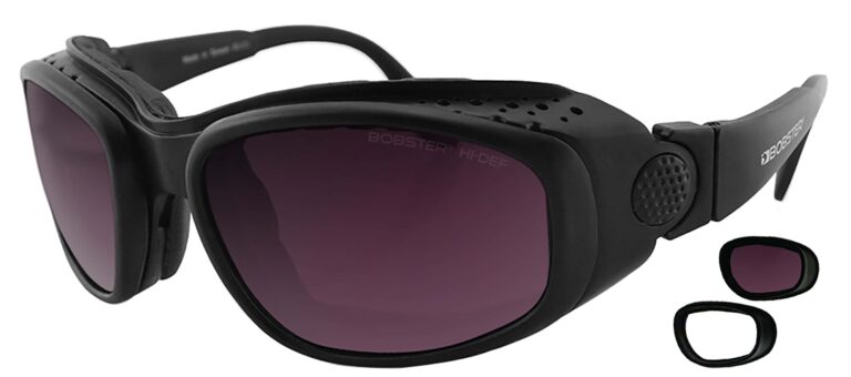 Bobster Sport & Street 3 Sunglasses, Matte black frame with Clear, Purple High Definition Silver Mirror lens. Angled left