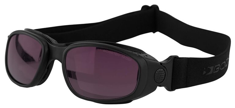 Bobster Sport & Street 3 Sunglasses, Matte black frame with Purple High Definition Silver Mirror lens and strap. Angled left