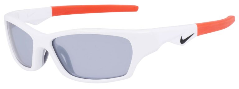 Nike Jolt Sunglasses, White and Red Frame with Silver Flash Lenses. Angle left