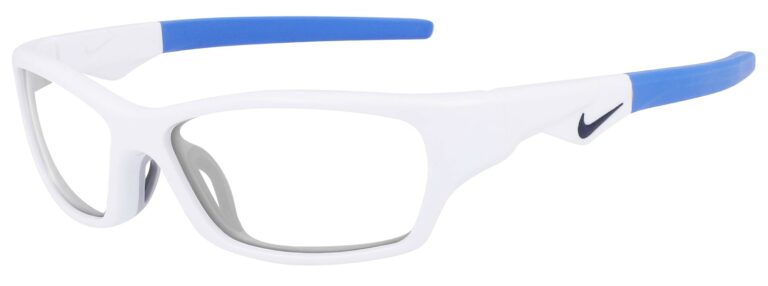 Nike Jolt Sunglasses, White and Blue Frame. Angle left