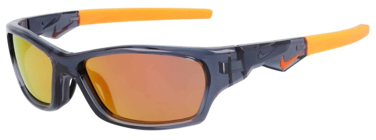 Nike Jolt Sunglasses, Dark Gray Frame with Orange Mirror Lenses. Angle left