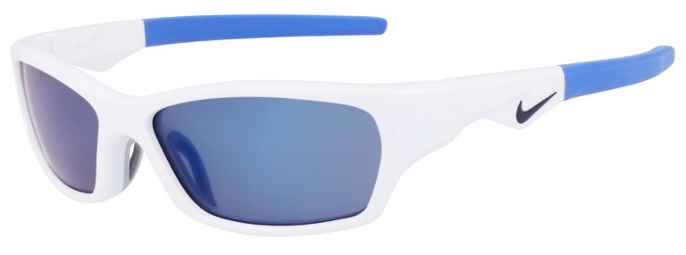 Nike Jolt Sunglasses, White and Blue Frame with Blue Mirror Lenses. Angle left