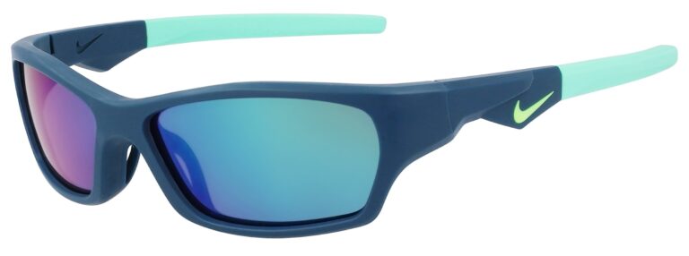 Nike Jolt Sunglasses, Matte Space Blue Frame with Green Mirror Lenses. Angle left